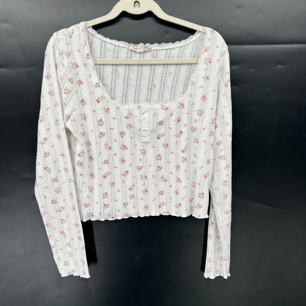y2k retro baby tee henley cropped pink floral long sleeve coquette cottagecore L